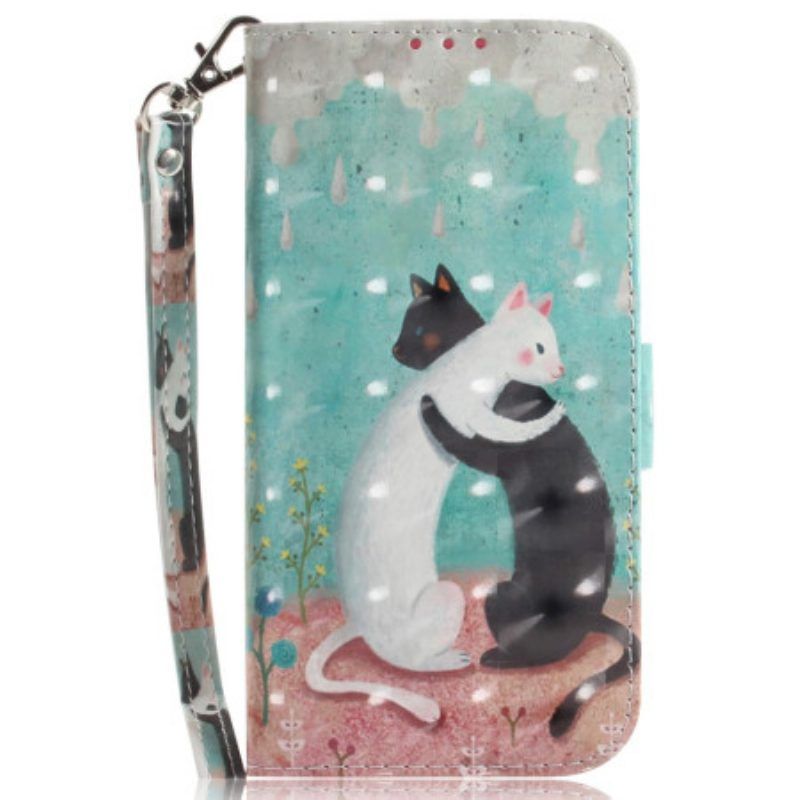 Leren Hoesje voor iPhone 15 Plus Met Ketting Zwarte Kat Witte Kat Met Riem