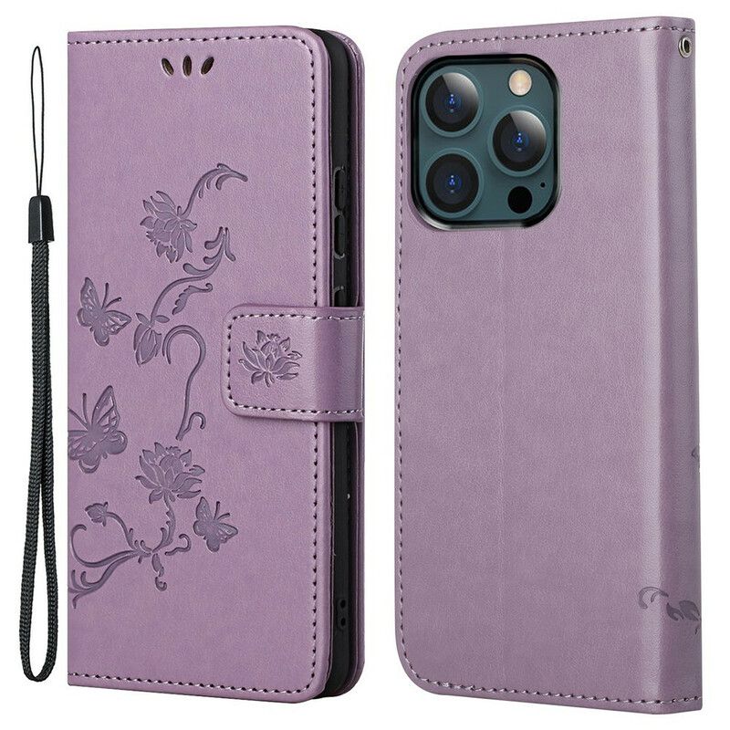 Folio-hoesje iPhone 13 Pro Max Telefoonhoesje Bloemen Strappy