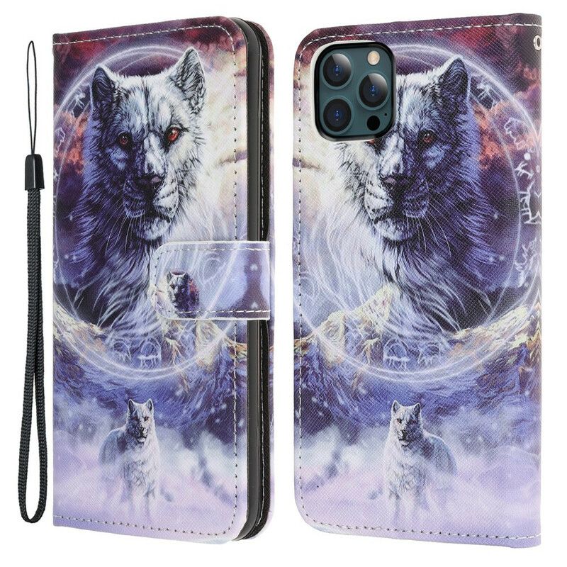 Folio-hoesje iPhone 13 Pro Max Telefoonhoesje Wolf In De Winter Met Koord