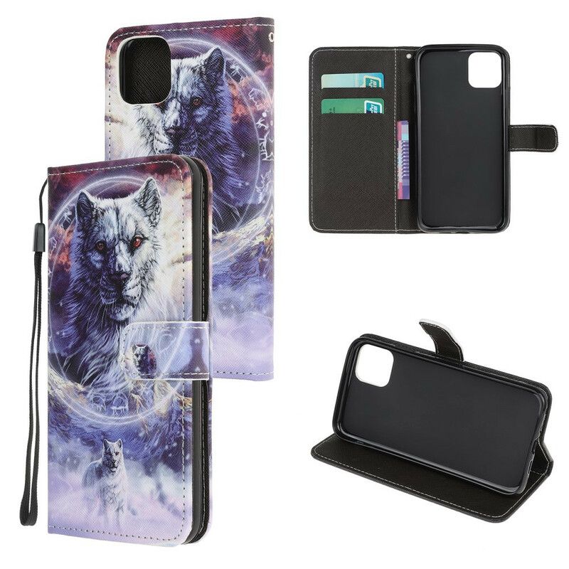 Folio-hoesje iPhone 13 Pro Max Telefoonhoesje Wolf In De Winter Met Koord