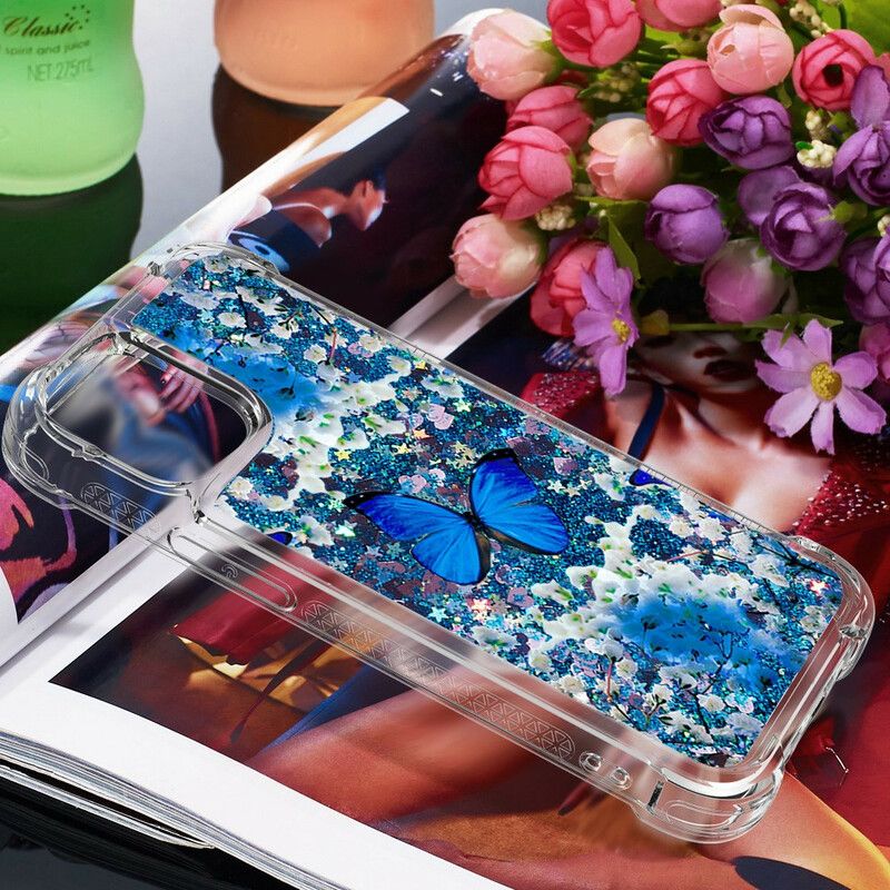 Hoesje iPhone 13 Pro Max Blauwe Glittervlinders Bescherming Hoesje