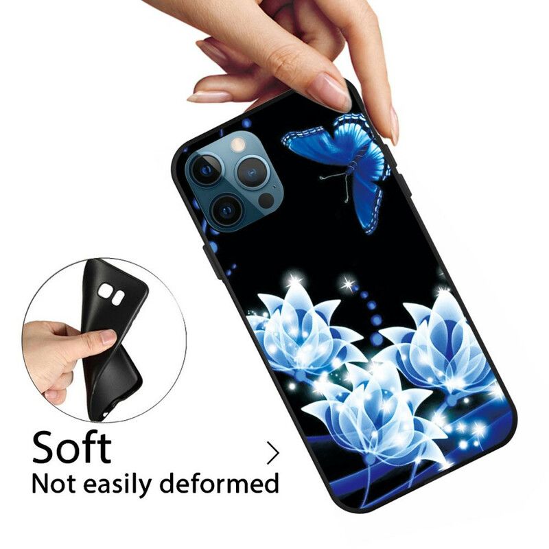 Hoesje Voor iPhone 13 Pro Max Vlinder En Blauwe Bloemen