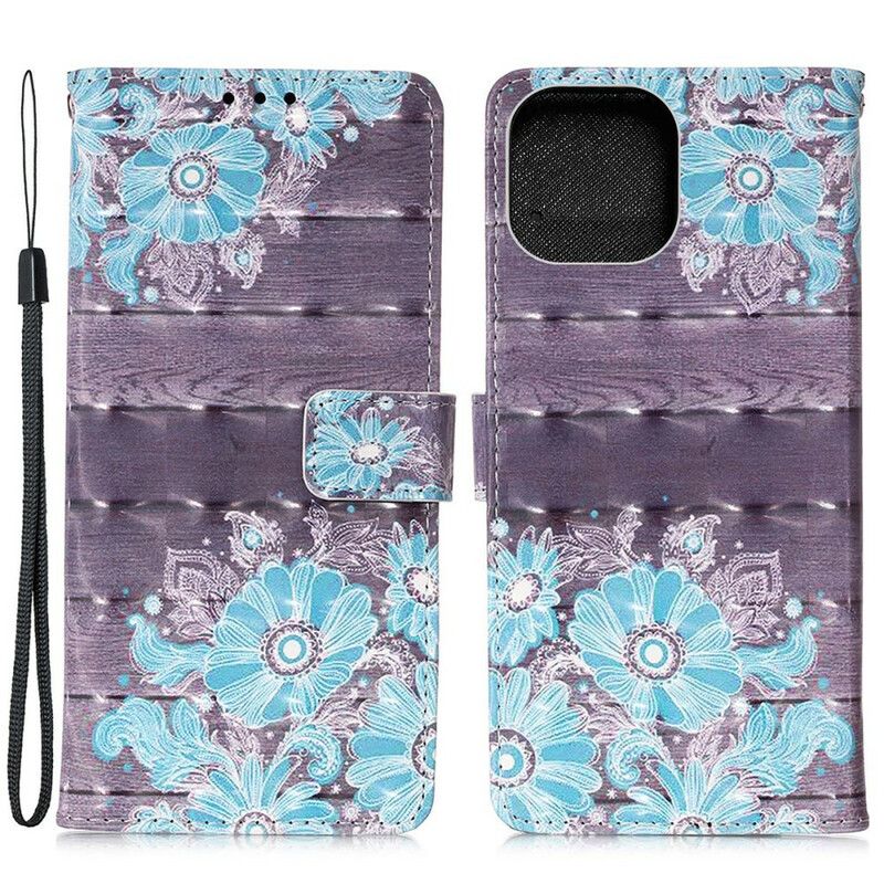 Leren Hoesje iPhone 13 Pro Max Blauwe Bloemen