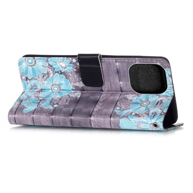 Leren Hoesje iPhone 13 Pro Max Blauwe Bloemen