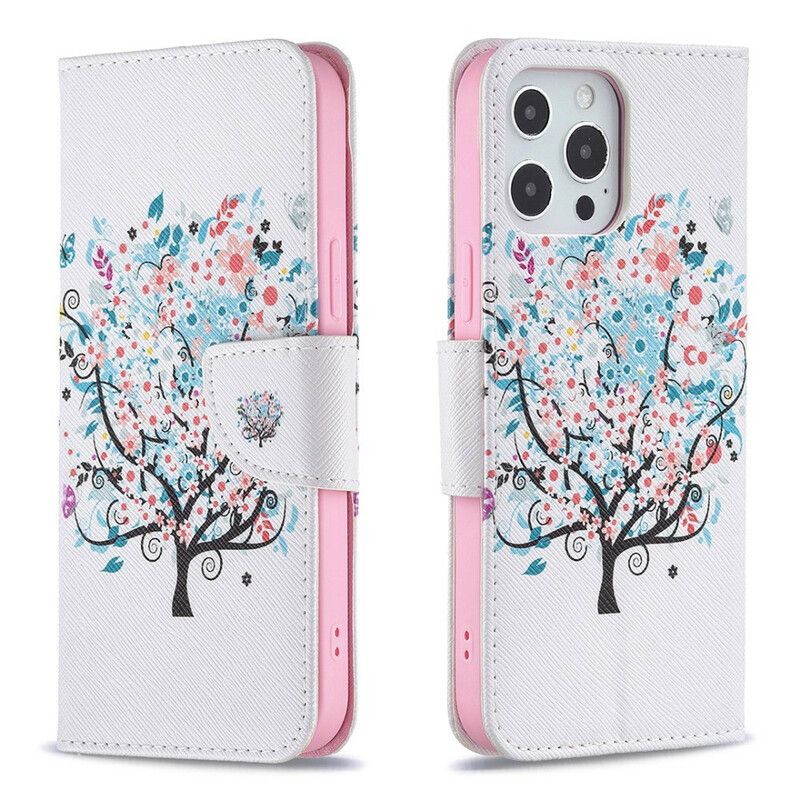 Leren Hoesje iPhone 13 Pro Max Gebloemde Boom Bescherming Hoesje