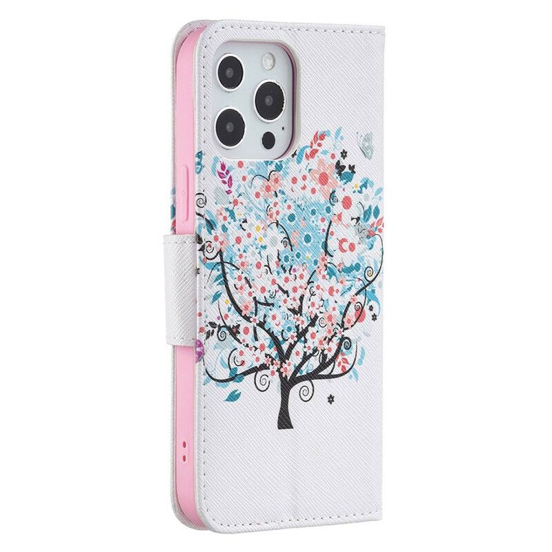 Leren Hoesje iPhone 13 Pro Max Gebloemde Boom Bescherming Hoesje