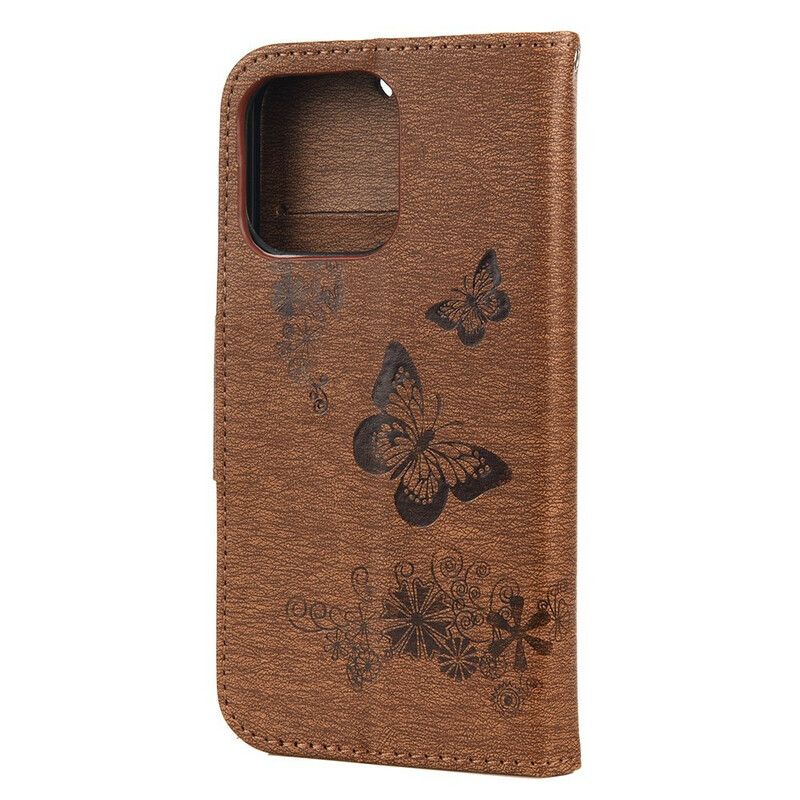 Leren Hoesje iPhone 13 Pro Max Splendid Strap Vlinders Bescherming Hoesje