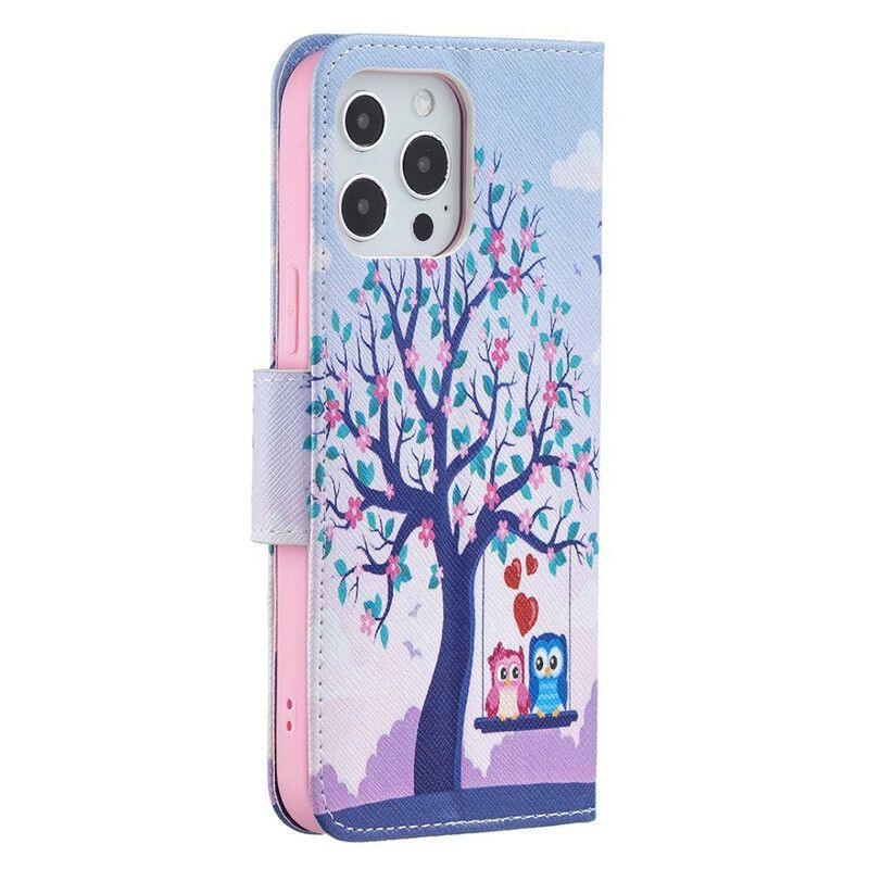 Leren Hoesje iPhone 13 Pro Max Uilen Op De Schommel