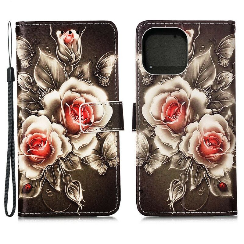 Leren Hoesje Voor iPhone 13 Pro Max Gouden Rozen