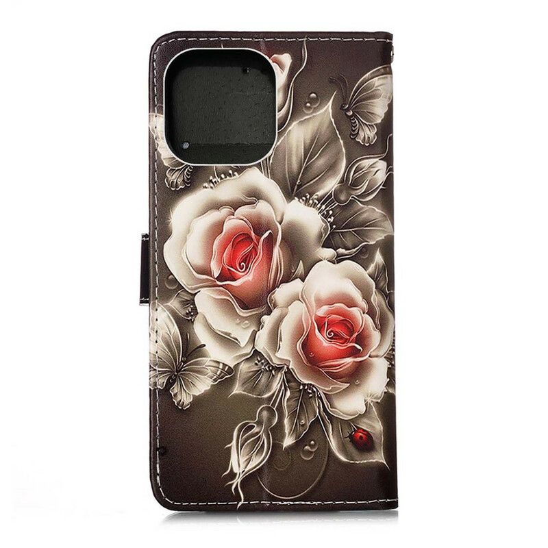 Leren Hoesje Voor iPhone 13 Pro Max Gouden Rozen