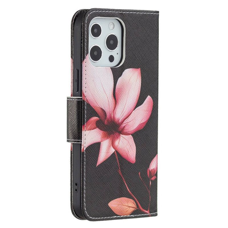 Leren Hoesje Voor iPhone 13 Pro Max Roze Bloem