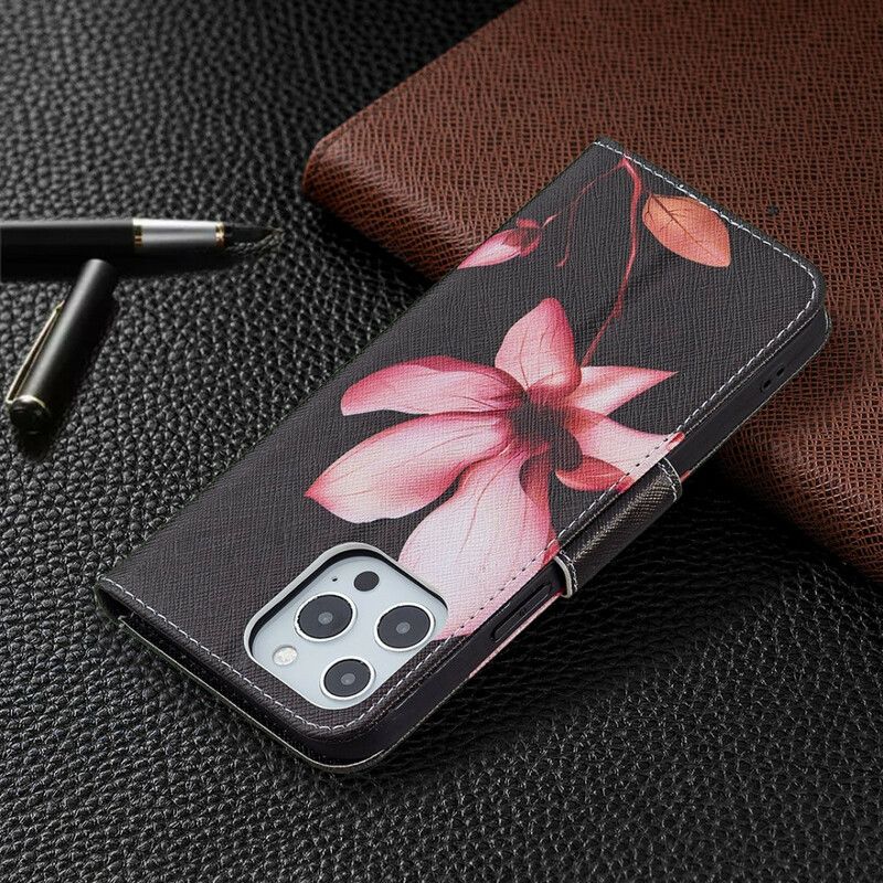 Leren Hoesje Voor iPhone 13 Pro Max Roze Bloem