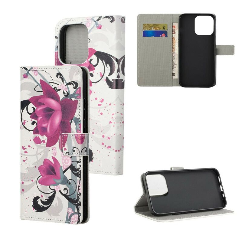 Leren Hoesje Voor iPhone 13 Pro Max Tropische Bloemen