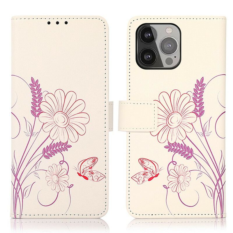 Leren Hoesje Voor iPhone 13 Pro Max Vlinders En Bloemen Tekenen