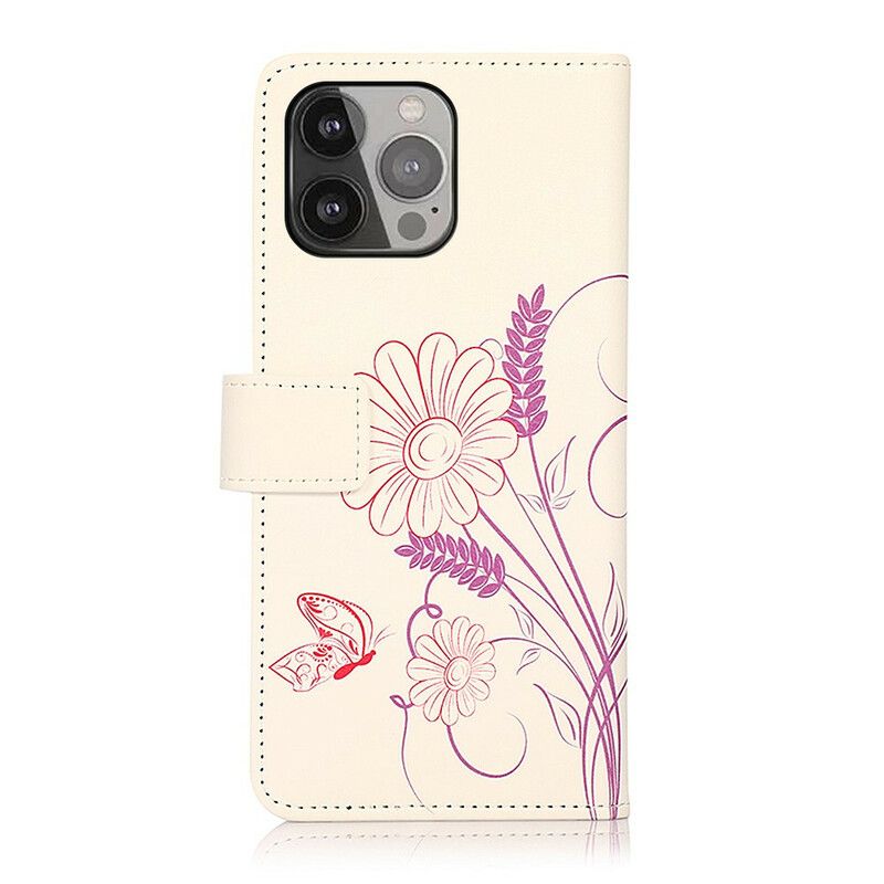 Leren Hoesje Voor iPhone 13 Pro Max Vlinders En Bloemen Tekenen