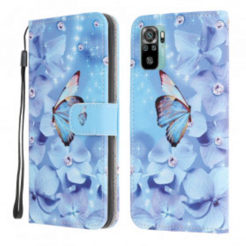 Leren Hoesje voor Xiaomi Redmi Note 10 / 10S Met Ketting Strappy Diamanten Vlinders