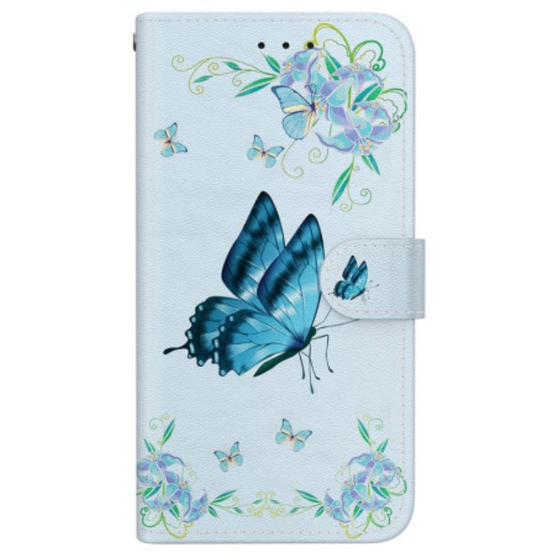 Flip Case Leren Motorola Edge 50 Ultra Blauwe Vlinder En Bloemen Met Riempje