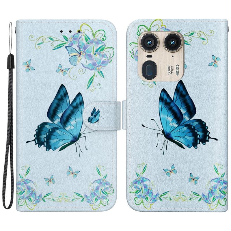 Flip Case Leren Motorola Edge 50 Ultra Blauwe Vlinder En Bloemen Met Riempje