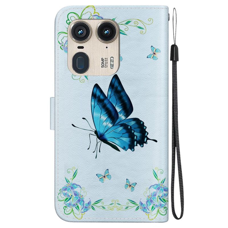 Flip Case Leren Motorola Edge 50 Ultra Blauwe Vlinder En Bloemen Met Riempje