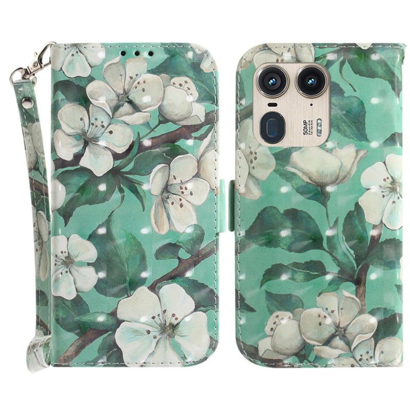 Leren Hoesje Voor Motorola Edge 50 Ultra Aquarelbloemen Met Riempje