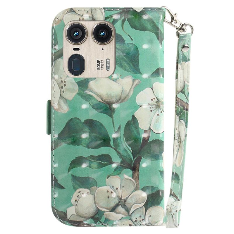 Leren Hoesje Voor Motorola Edge 50 Ultra Aquarelbloemen Met Riempje