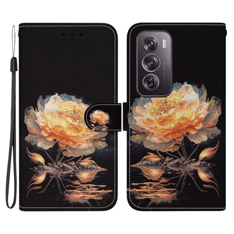 Leren Hoesje Voor Oppo Reno 12 Pro 5g Gouden Pioen Met Riem