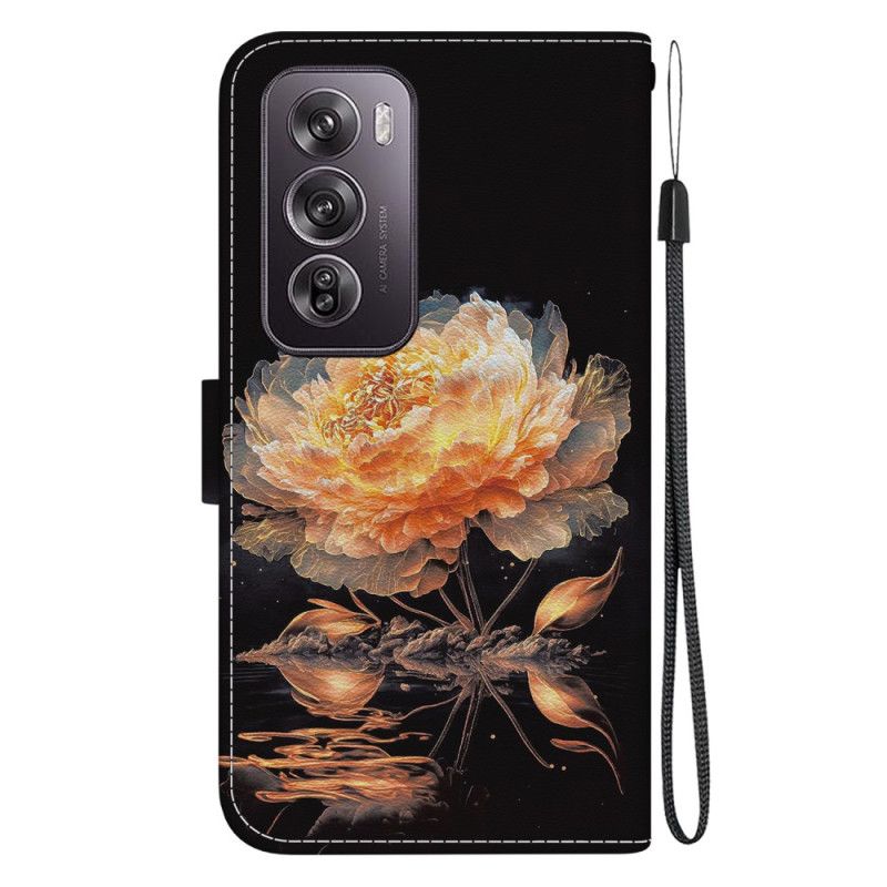 Leren Hoesje Voor Oppo Reno 12 Pro 5g Gouden Pioen Met Riem