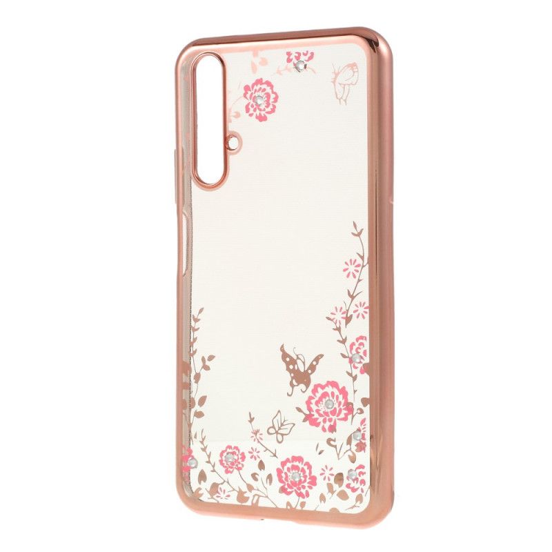 Case Hoesje Huawei Nova 5T Rose Goud Goud Telefoonhoesje Metalen Effectrand Met Vlinders