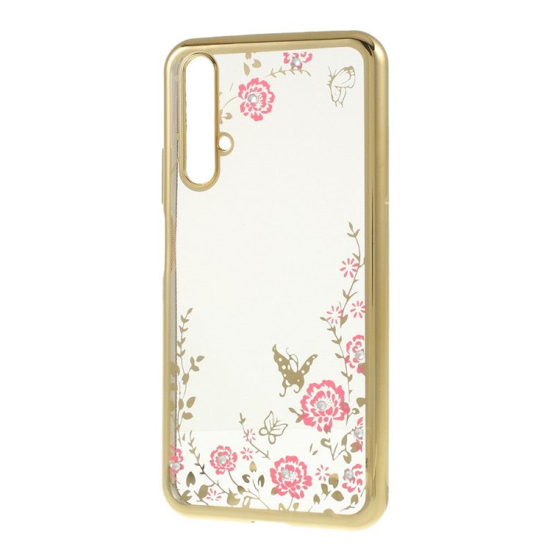 Case Hoesje Huawei Nova 5T Rose Goud Goud Telefoonhoesje Metalen Effectrand Met Vlinders