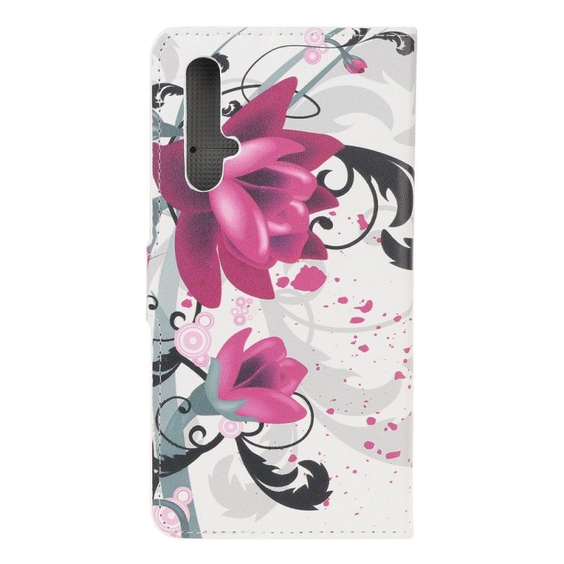 Leren Hoesje voor Huawei Nova 5T Roze Magenta Tropische Bloemen