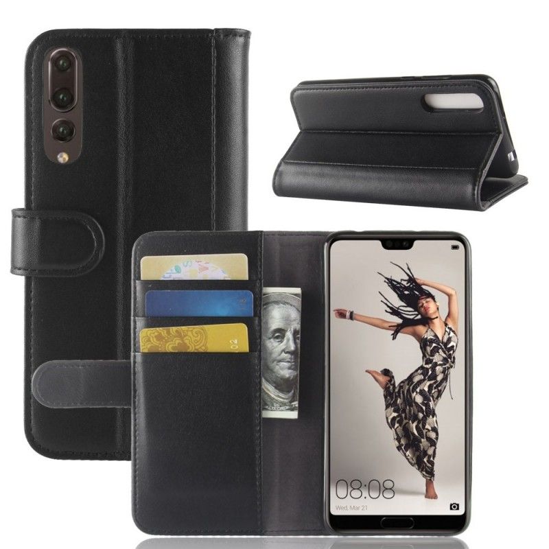 Flip Case Leren Huawei P20 Pro Bruin Zwart Echt Leer