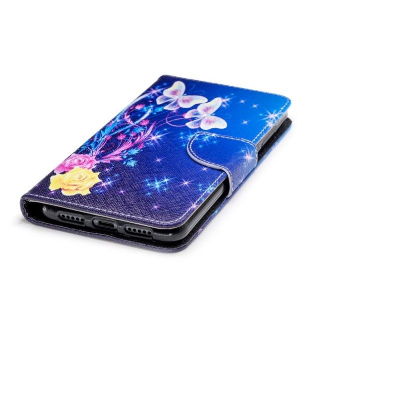 Leren Hoesje Huawei P20 Pro Lichtblauw Roze Vlinders In De Nacht