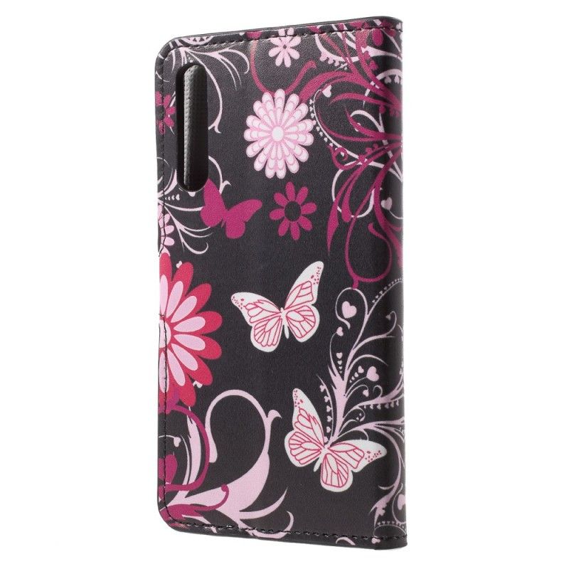 Leren Hoesje Huawei P20 Pro Wit Zwart Vlinders En Bloemen