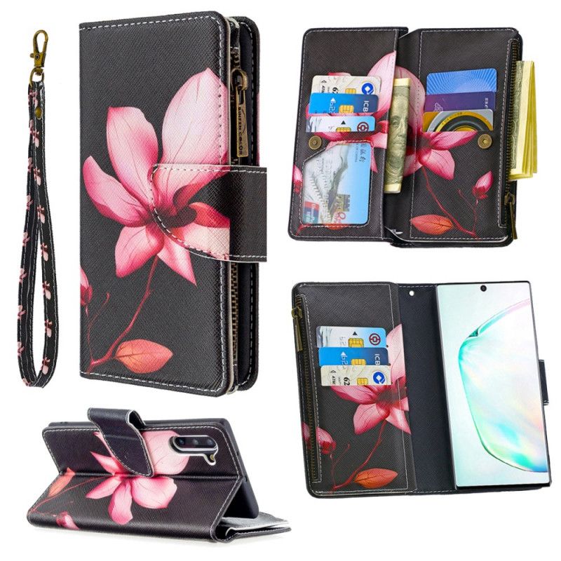 Leren Hoesje Samsung Galaxy Note 10 Wit Zwart Bloemenzak Met Ritssluiting