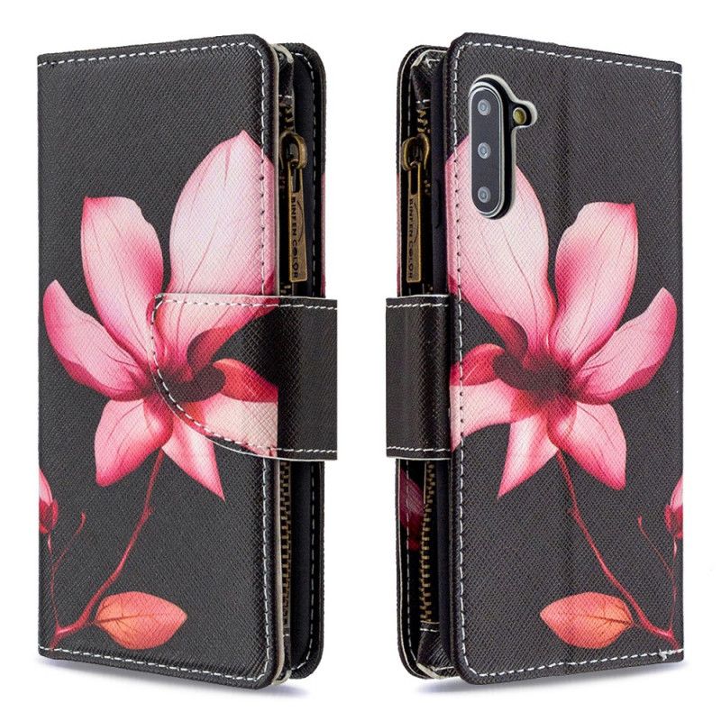 Leren Hoesje Samsung Galaxy Note 10 Wit Zwart Bloemenzak Met Ritssluiting