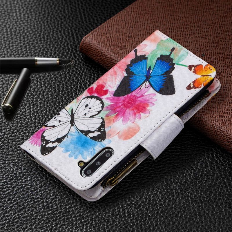 Leren Hoesje voor Samsung Galaxy Note 10 Wit Zwart Vlinderzak Met Ritssluiting