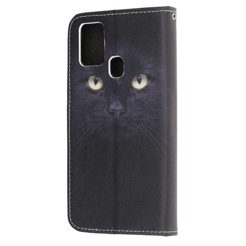 Bescherming Hoesje Samsung Galaxy M31 Telefoonhoesje Zwarte Kattenogen Met String