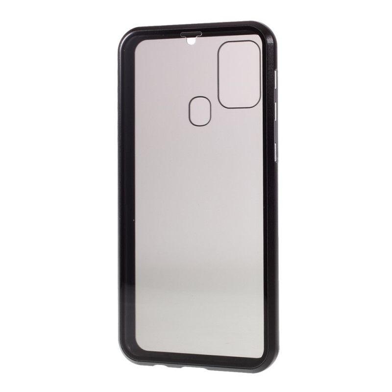 Case Hoesje Samsung Galaxy M31 Rood Zwart Telefoonhoesje Metalen Randen En Gehard Glas