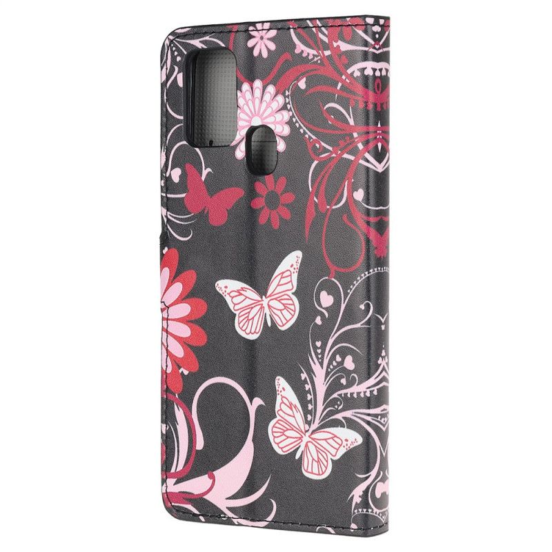 Leren Hoesje voor Samsung Galaxy M31 Zwart Vlinders En Bloemen