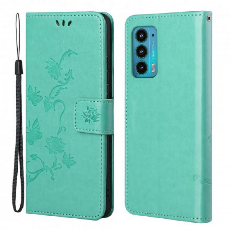 Leren Hoesje Motorola Edge 20 Vlinders En Bloemen Strappy