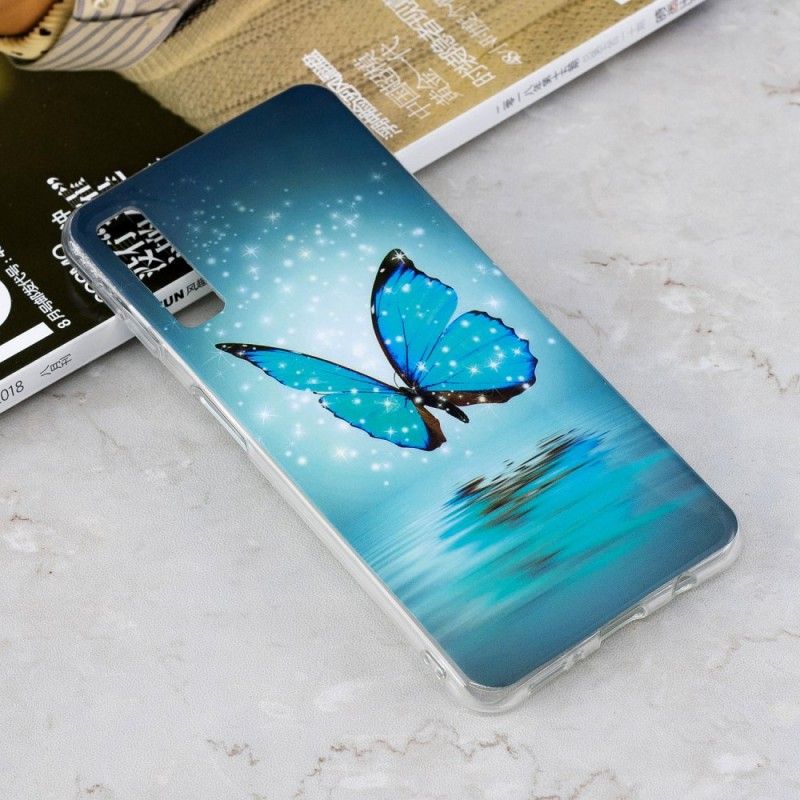 Case Hoesje Samsung Galaxy A7 Telefoonhoesje Fluorescerende Blauwe Vlinder