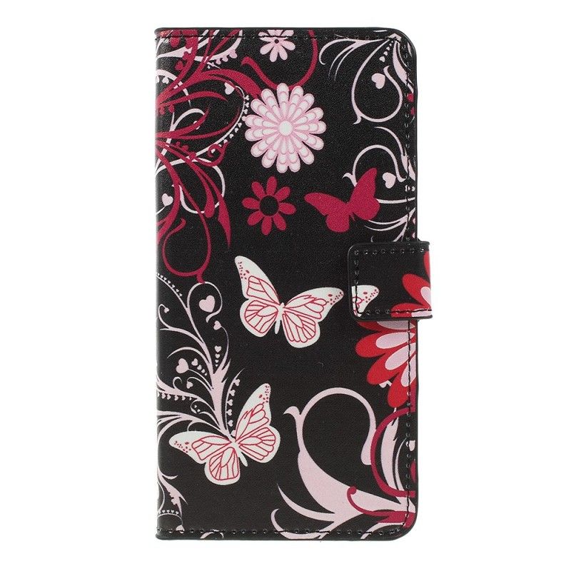 Cover Folio-hoesje Samsung Galaxy A7 Wit Telefoonhoesje Ontwerp Vlinders En Bloemen