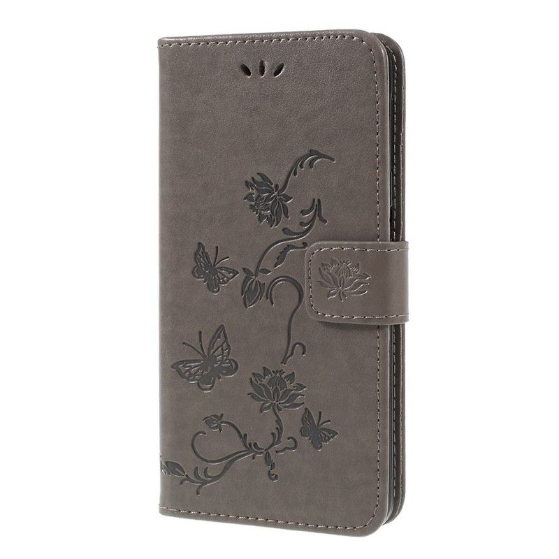 Flip Case Leren Samsung Galaxy A7 Grijs Zwart Vlinders En Stringbloemen