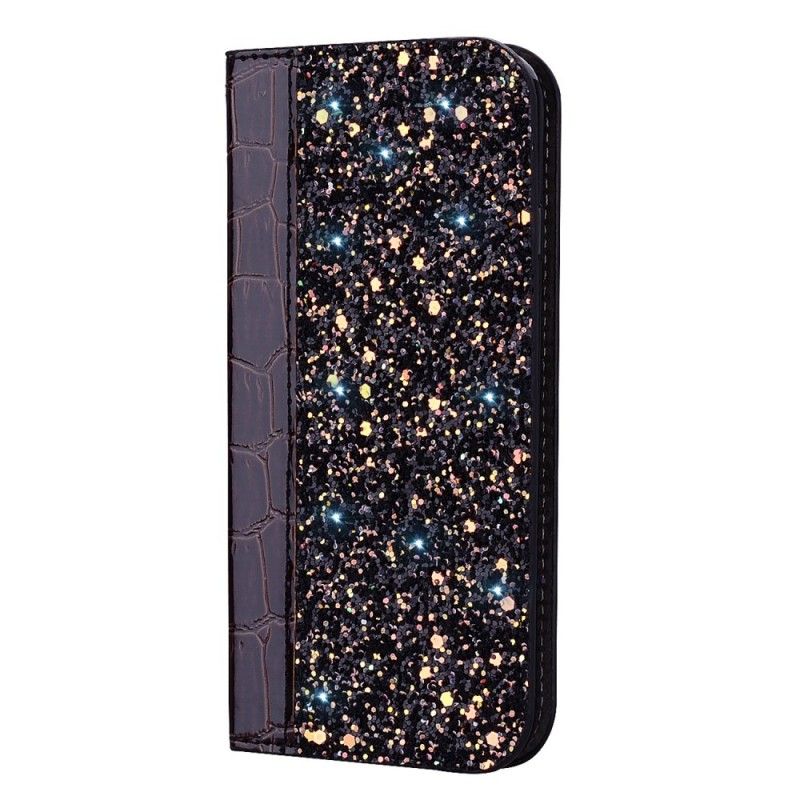 Folio-hoesje Samsung Galaxy S10 Wit Zwart Krokodillenleer-Effect En Pailletten