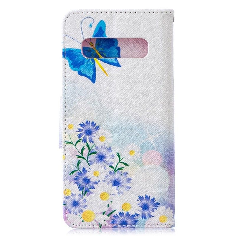 Leren Hoesje Samsung Galaxy S10 Lichtblauw Magenta Telefoonhoesje Geschilderde Vlinders En Bloemen