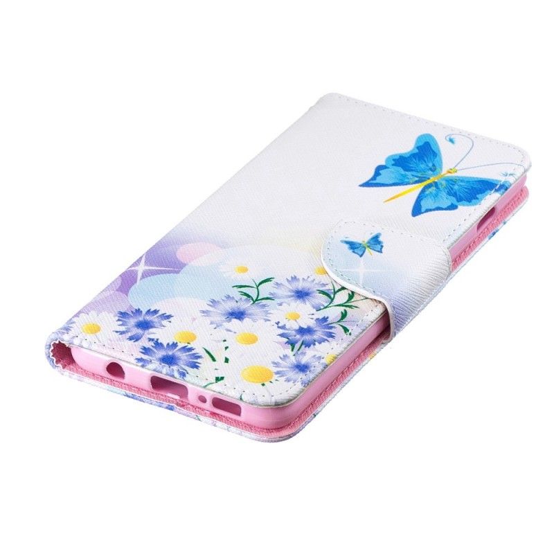 Leren Hoesje Samsung Galaxy S10 Lichtblauw Magenta Telefoonhoesje Geschilderde Vlinders En Bloemen