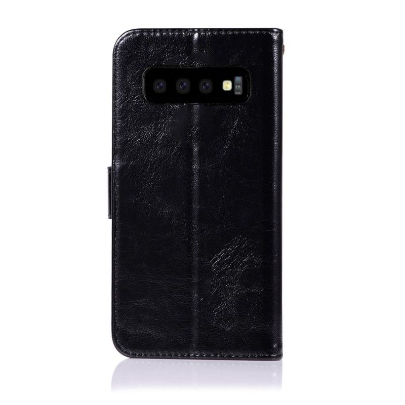 Leren Hoesje Samsung Galaxy S10 Rood Zwart Vintage Leereffect Met Riempje