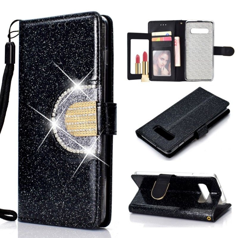 Leren Hoesje Samsung Galaxy S10 Wit Zwart Pailletten En Diamanten