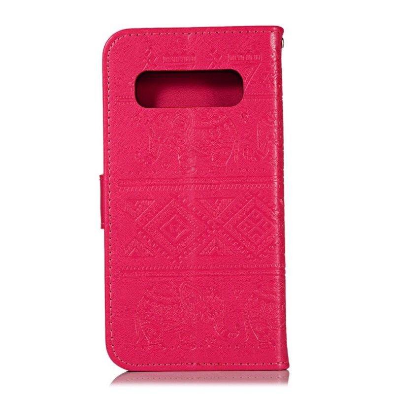 Leren Hoesje voor Samsung Galaxy S10 Donkerblauw Magenta Kunstleer Tribale Olifanten