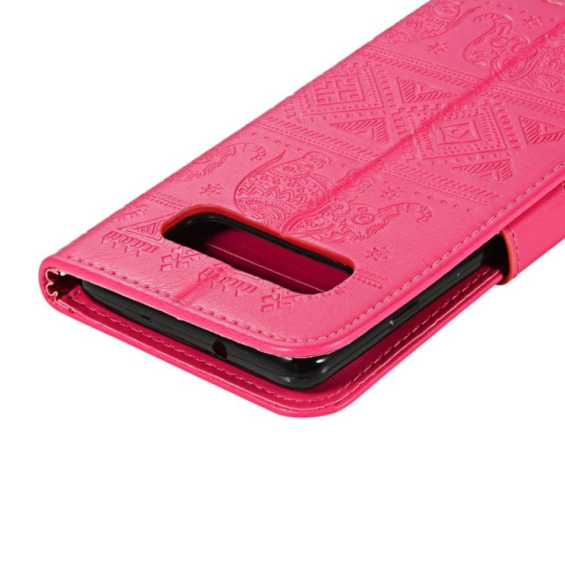 Leren Hoesje voor Samsung Galaxy S10 Donkerblauw Magenta Kunstleer Tribale Olifanten